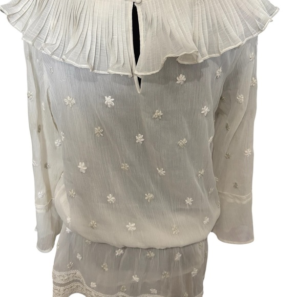 Sundance ivory Sheer Boho Blouse Floral Embroidered Pleated Ruffle Neck Size M - Picture 3 of 11